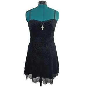 Black Velvet Damask Cross Mini Dress Gothic Lolita Lace Trim M